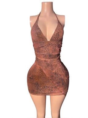 Rust Brown Halter Animal-Print Bodycon Dress